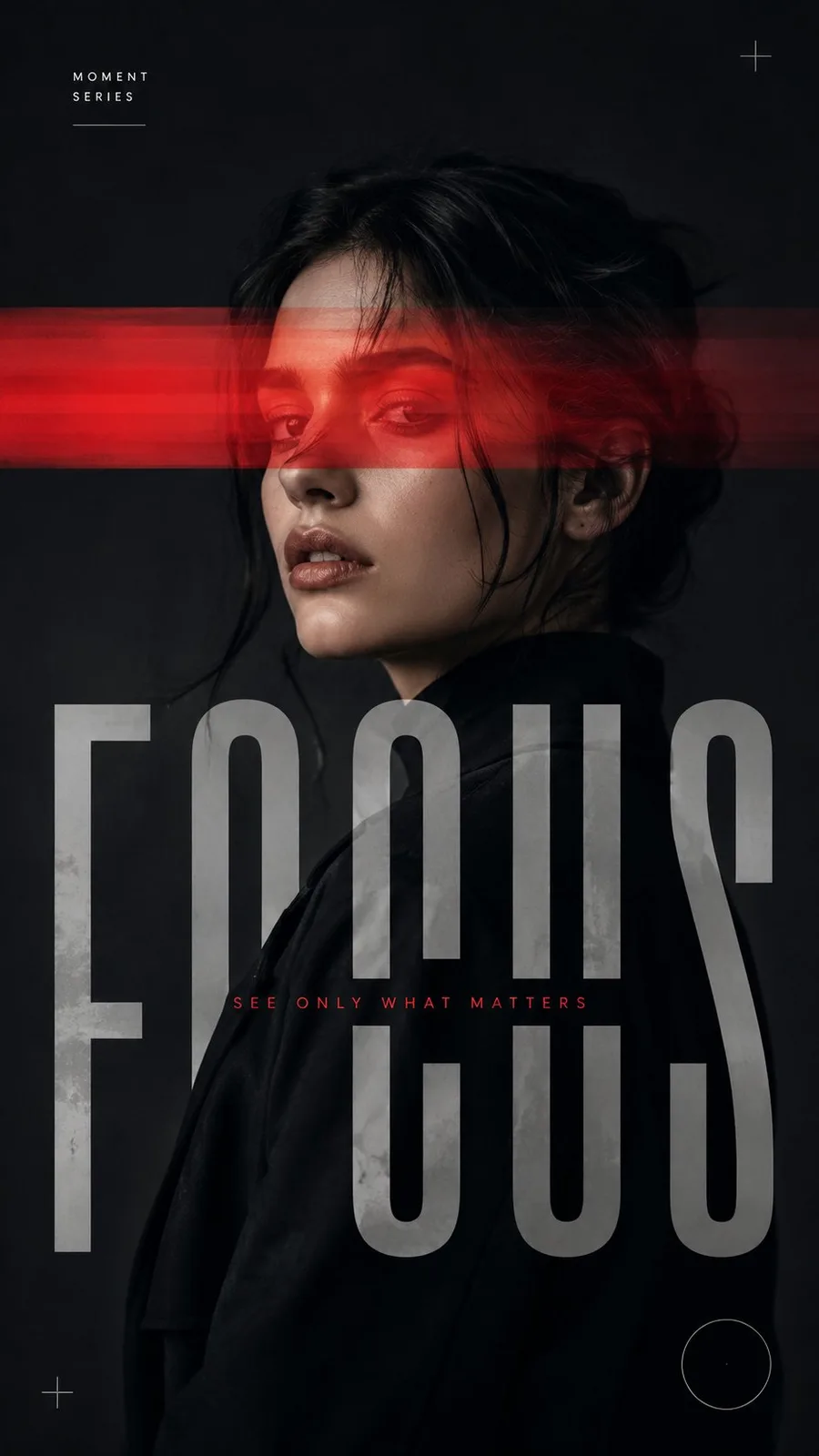 Experimental fashion portrait with graphic interference and bold typography.