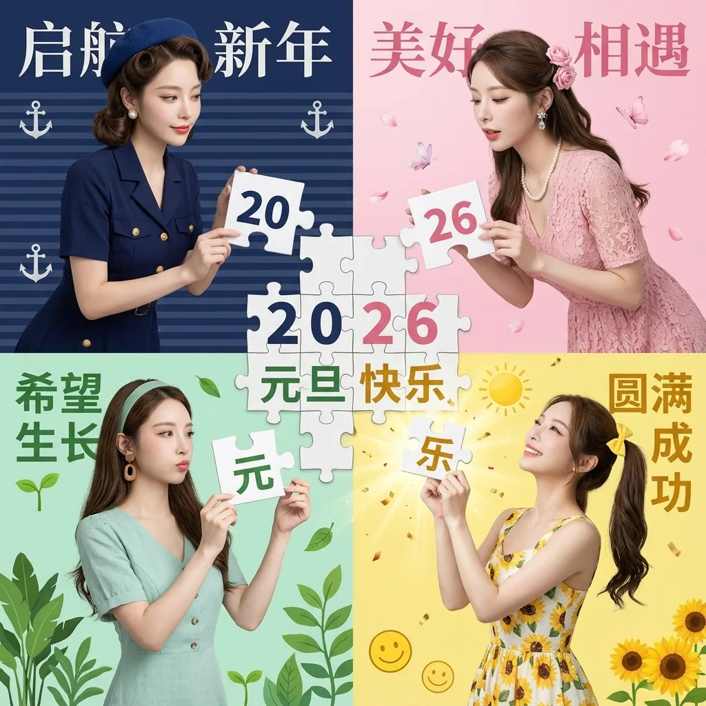 A 2x2 grid photo of a woman assembling a puzzle in four different seasonal outfits.