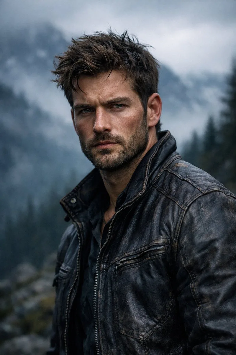 A serious man in a leather jacket standing in a misty mountain landscape.