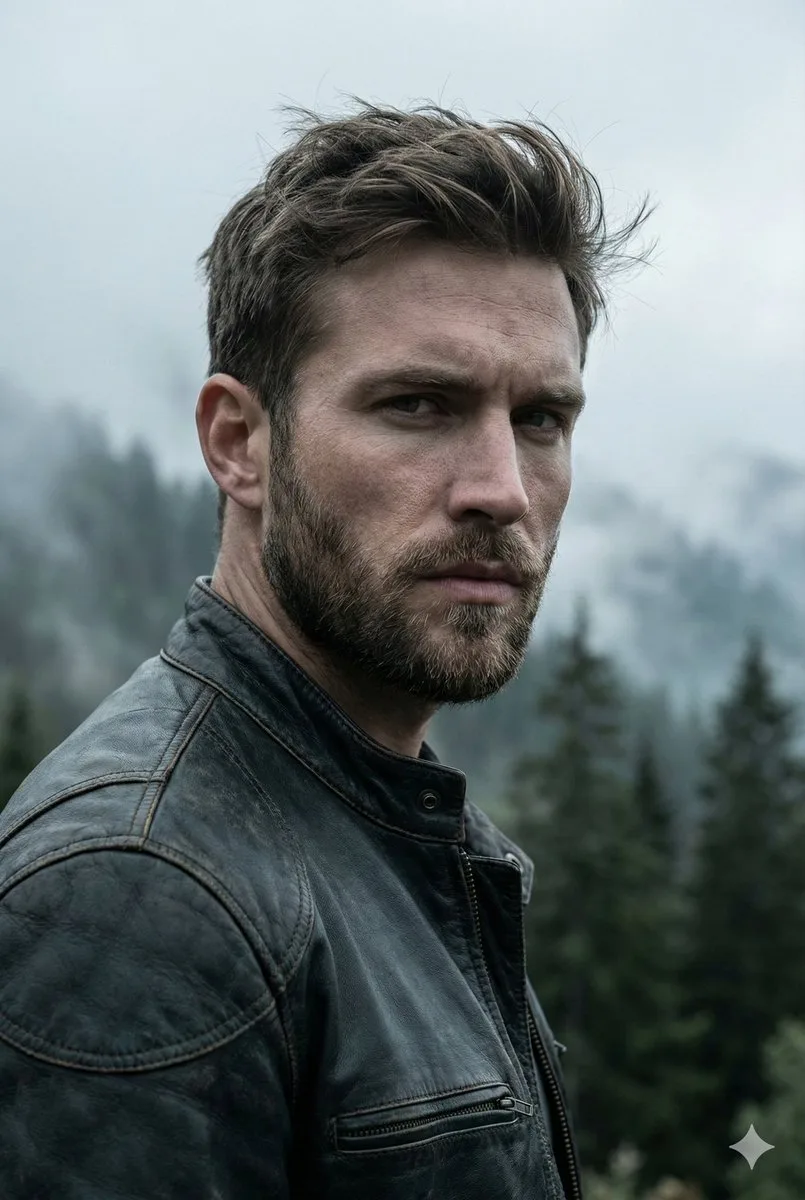 A serious man in a leather jacket standing in a misty mountain landscape. (2)