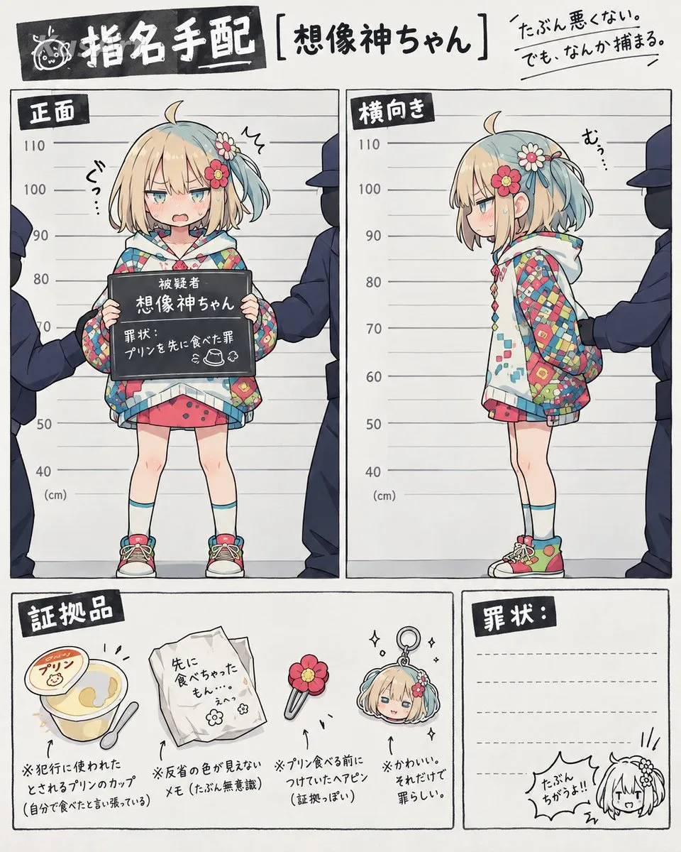 A comical fictional mugshot with height marks and funny evidence items.