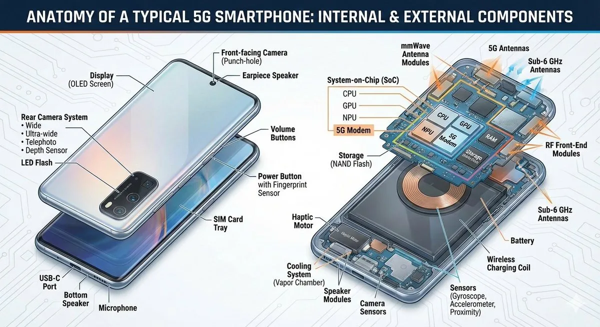 Detailed infographic showing internal and external parts of a 5G smartphone