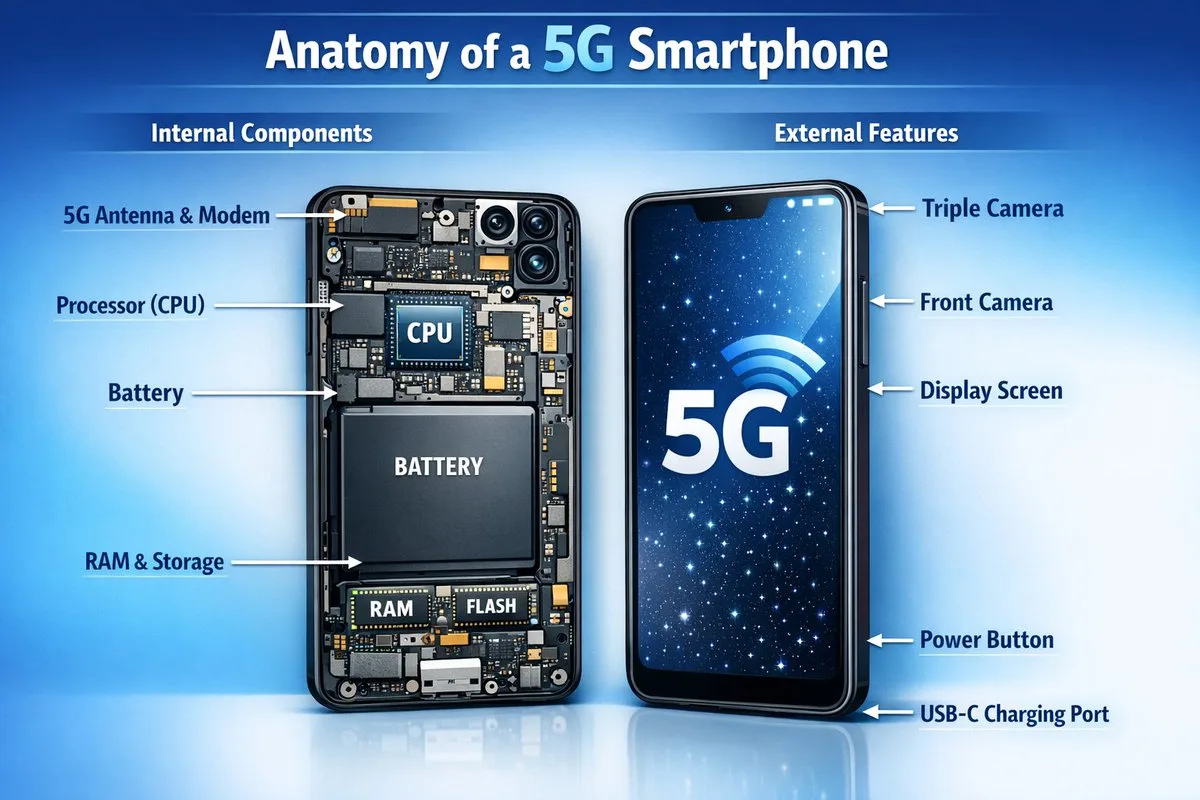 Detailed infographic showing internal and external parts of a 5G smartphone (2)