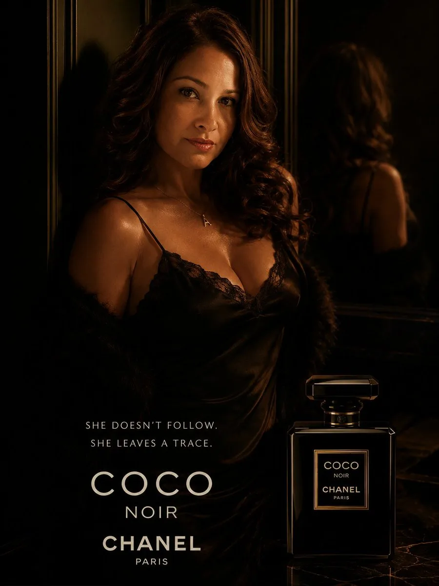A glamorous woman in a black satin dress posing for a luxury perfume advertisement.