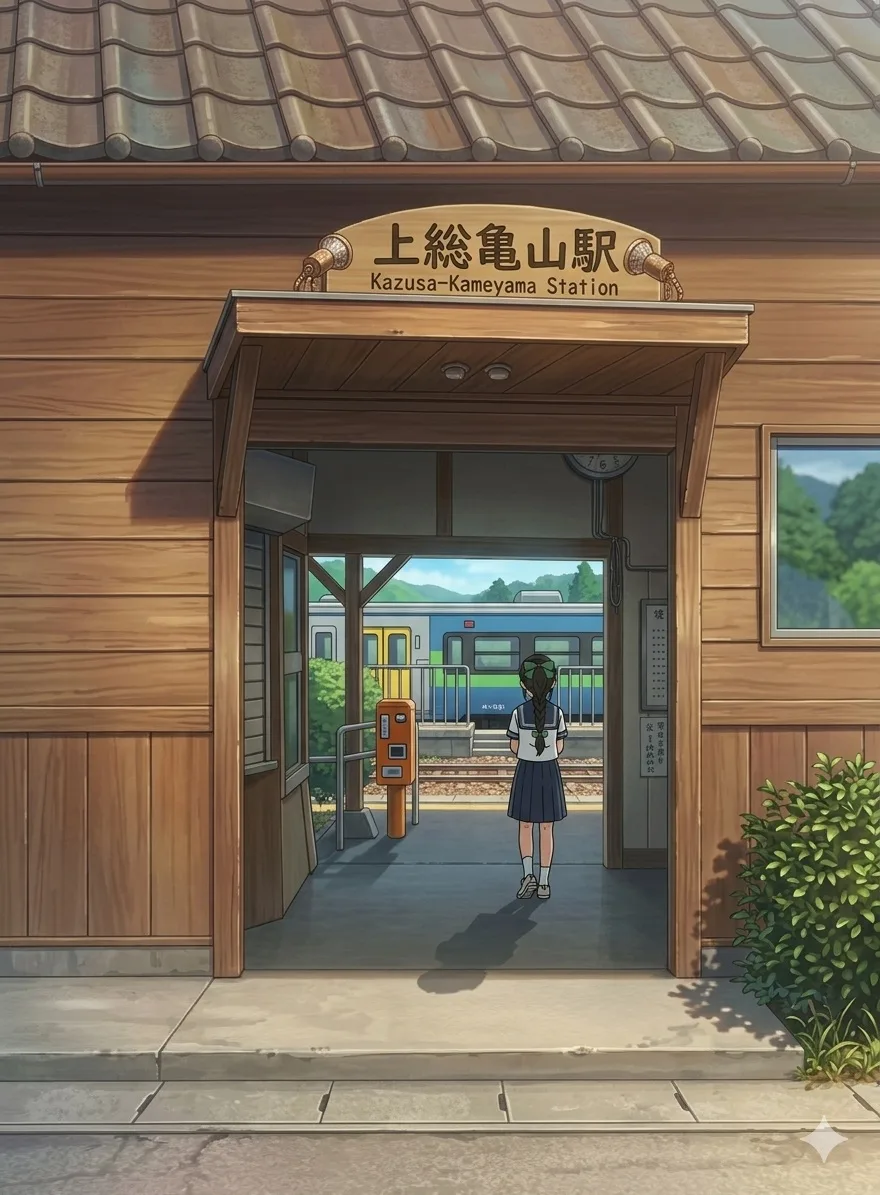 A peaceful anime-style wooden train station with a train waiting in the distance.