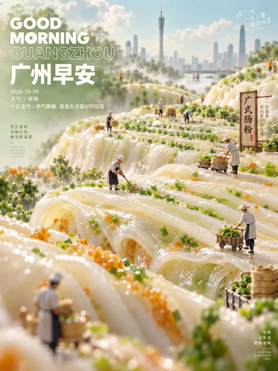 Surreal landscape of steaming rice noodle rolls with tiny chefs and a city skyline.