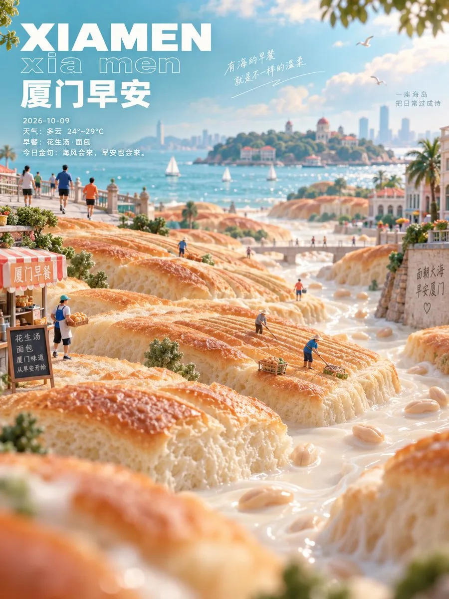 Surreal landscape of steaming rice noodle rolls with tiny chefs and a city skyline. (2)