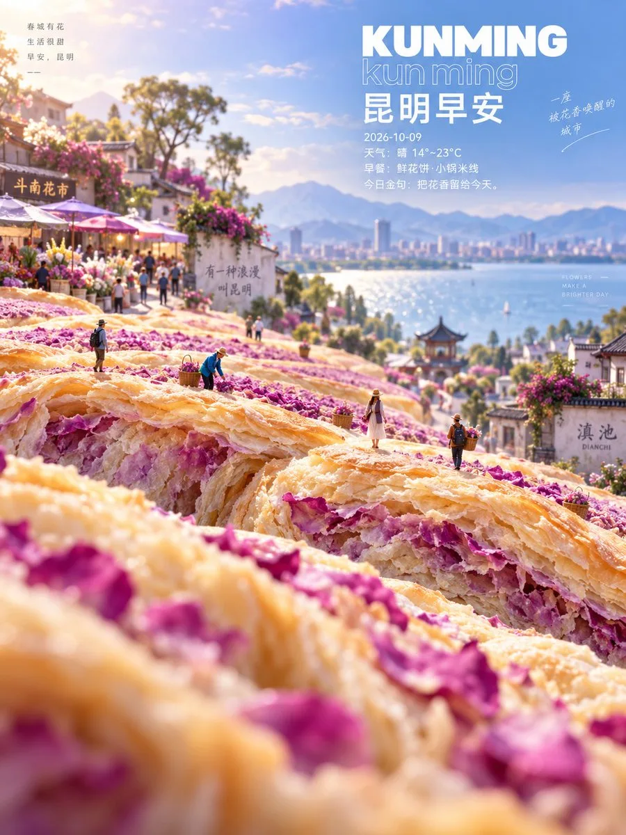 Surreal landscape of steaming rice noodle rolls with tiny chefs and a city skyline. (4)