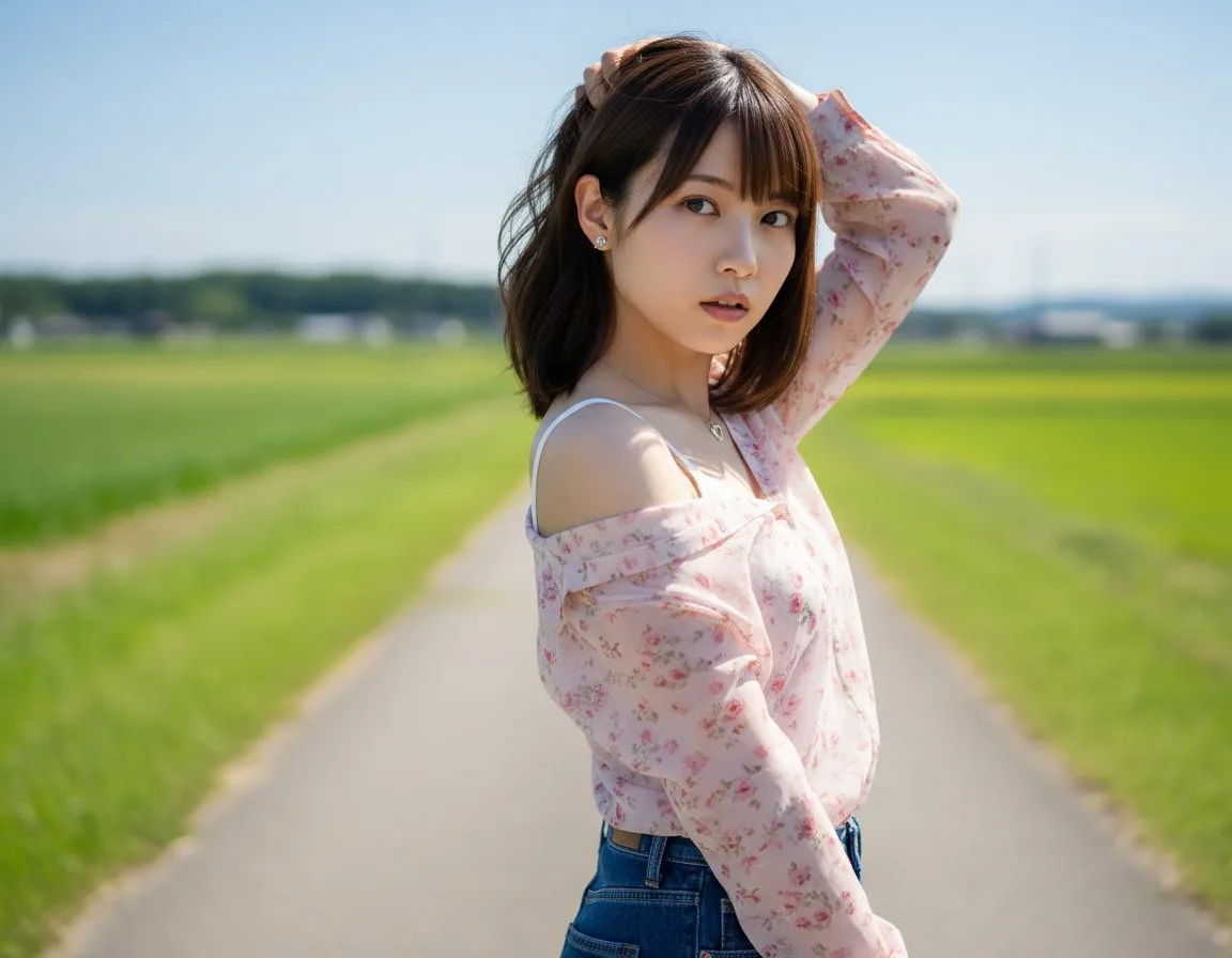 Woman in a pink floral shirt looking back over her shoulder on a rural road.