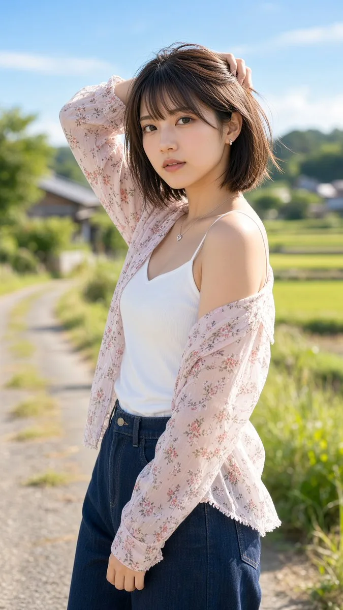 Woman in a pink floral shirt looking back over her shoulder on a rural road. (2)