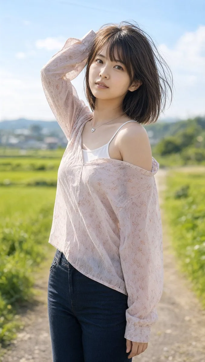 Woman in a pink floral shirt looking back over her shoulder on a rural road. (3)