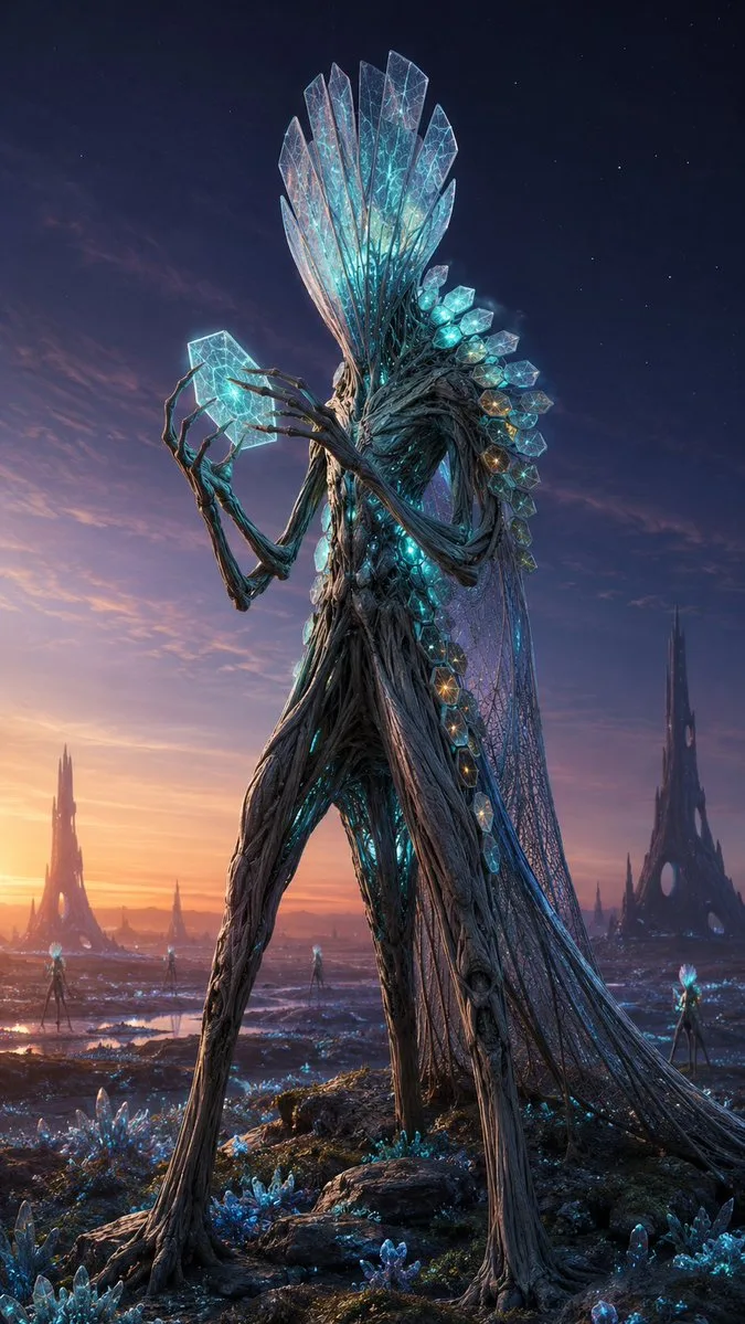 Tall tripod alien archivist holding a glowing hexagonal plate on a twilight rocky ridge.