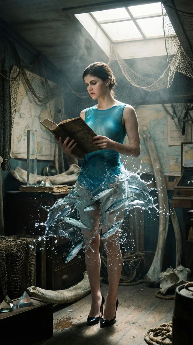 A woman reading in a cluttered archive with splashing water legs and swimming fish.