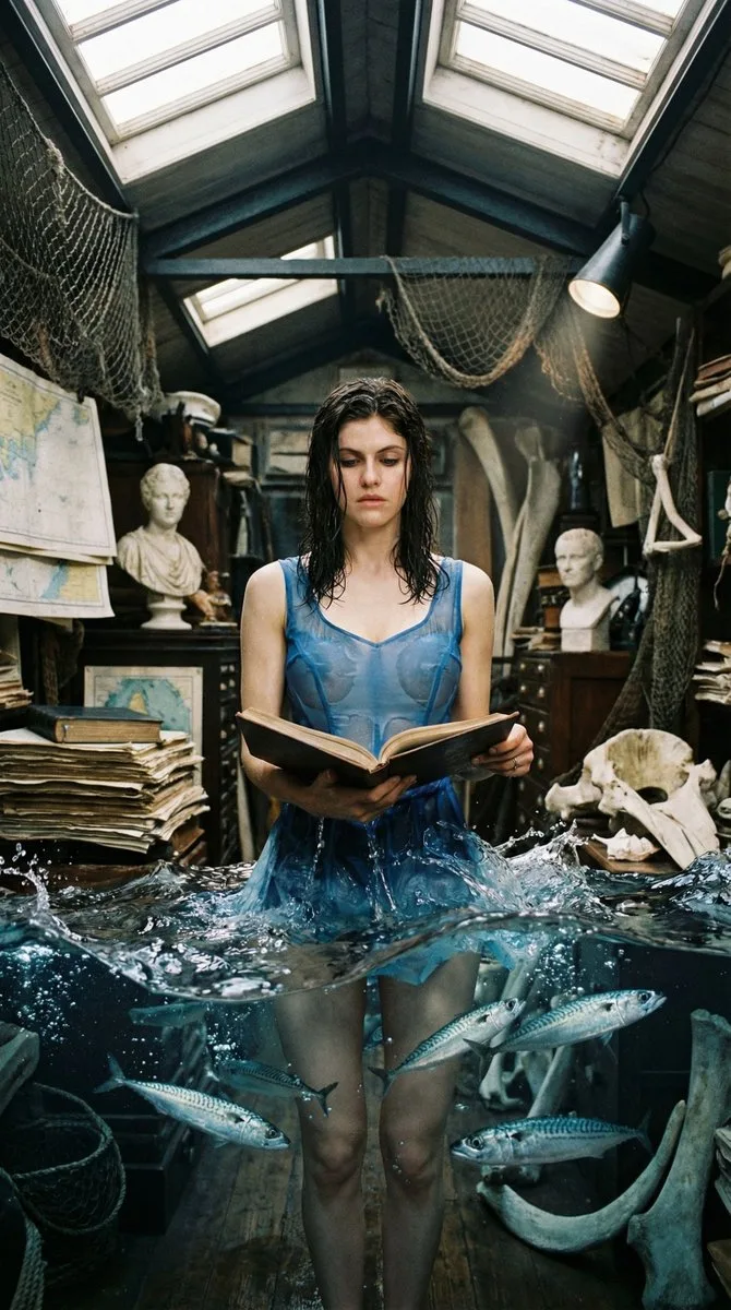 A woman reading in a cluttered archive with splashing water legs and swimming fish. (2)