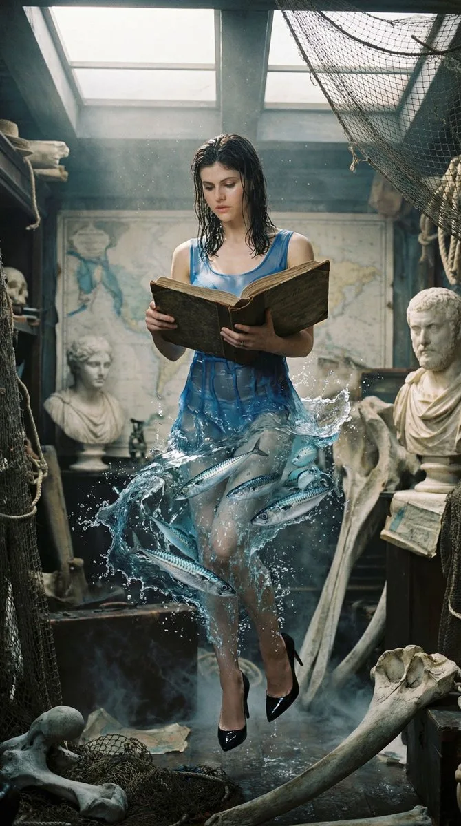 A woman reading in a cluttered archive with splashing water legs and swimming fish. (3)