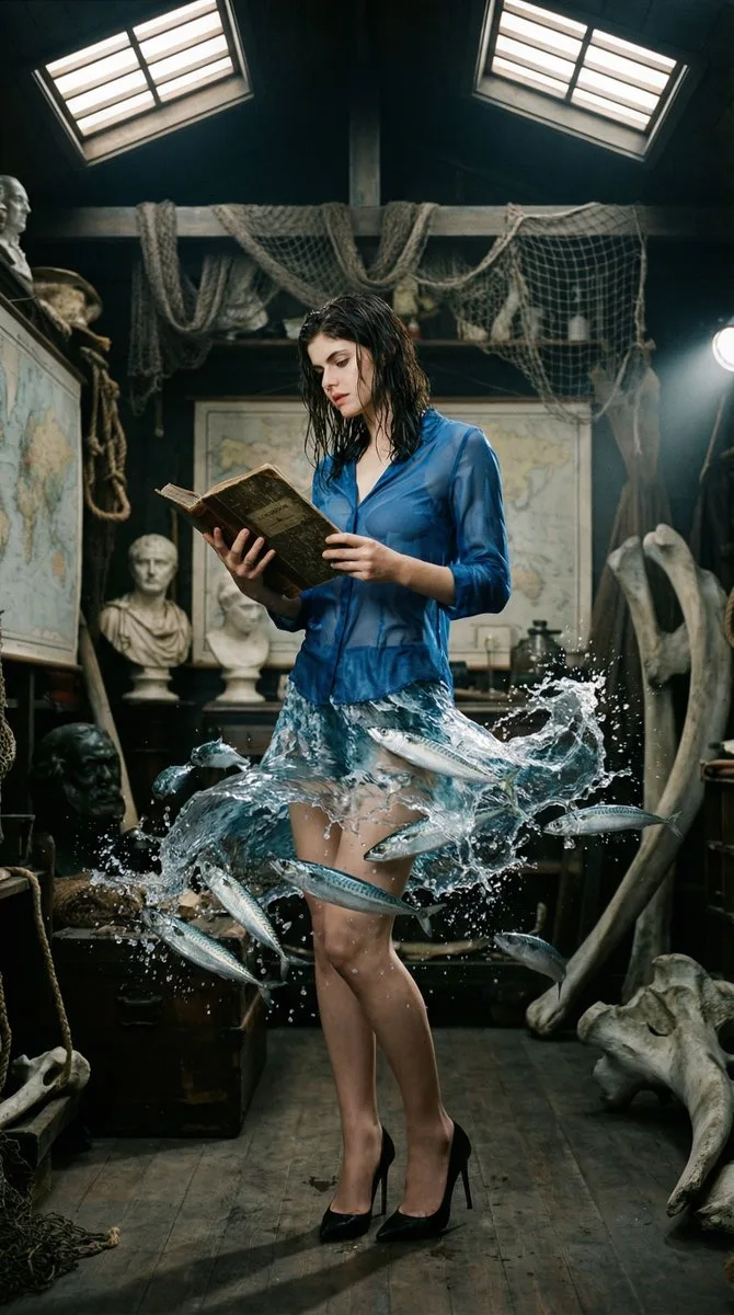 A woman reading in a cluttered archive with splashing water legs and swimming fish. (4)