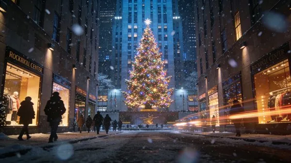 New York Fifth Avenue Christmas tree and snowy night street scene with light trails