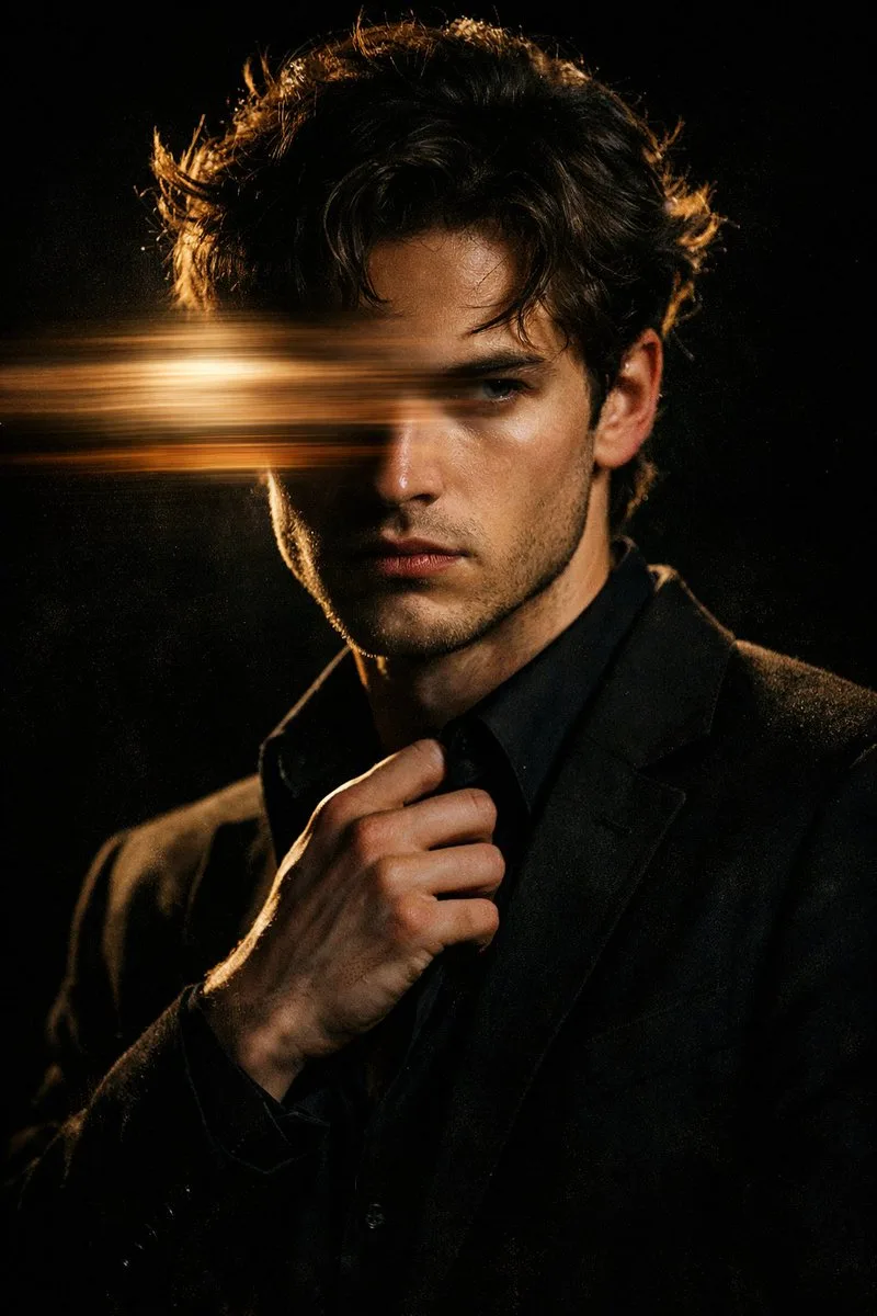 Moody cinematic portrait of a young man in a black suit with horizontal light streaks.