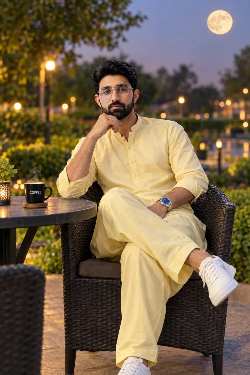 A stylish South Asian man wearing yellow silk sitting in a park at twilight.