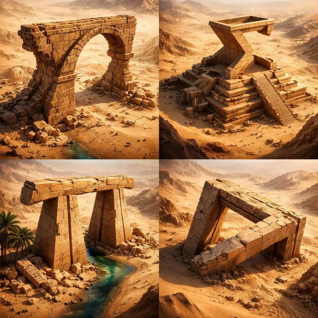 Four giant mathematical symbols built as ancient sandstone ruins in a desert landscape.