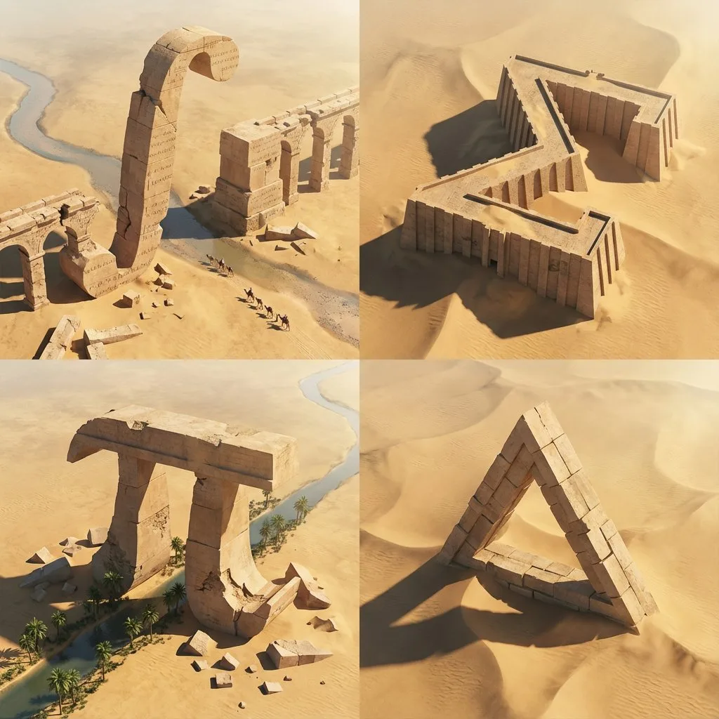 Four giant mathematical symbols built as ancient sandstone ruins in a desert landscape. (2)