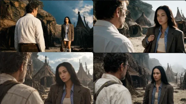 Cinematic over-the-shoulder shot of a man and woman in a sci-fi setting.