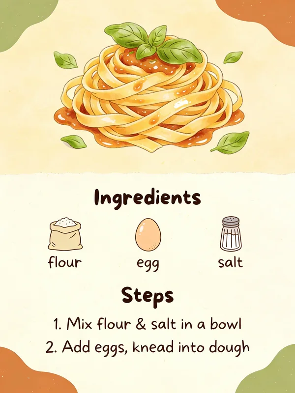 A rustic, illustrated recipe card for homemade pasta with ingredient icons and a finished dish.