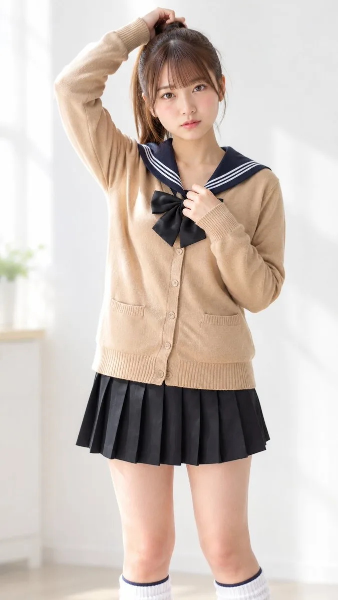A young woman in a bright minimalist room adjusting her hair, photorealistic portrait.