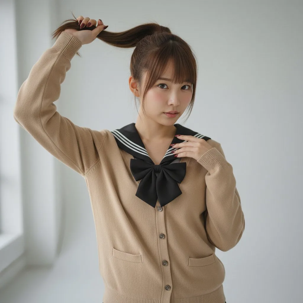 A young woman in a bright minimalist room adjusting her hair, photorealistic portrait. (2)