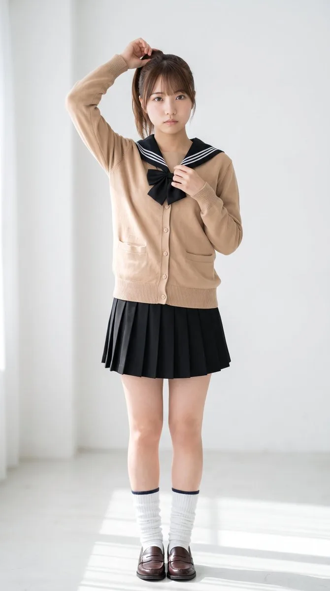 A young woman in a bright minimalist room adjusting her hair, photorealistic portrait. (3)