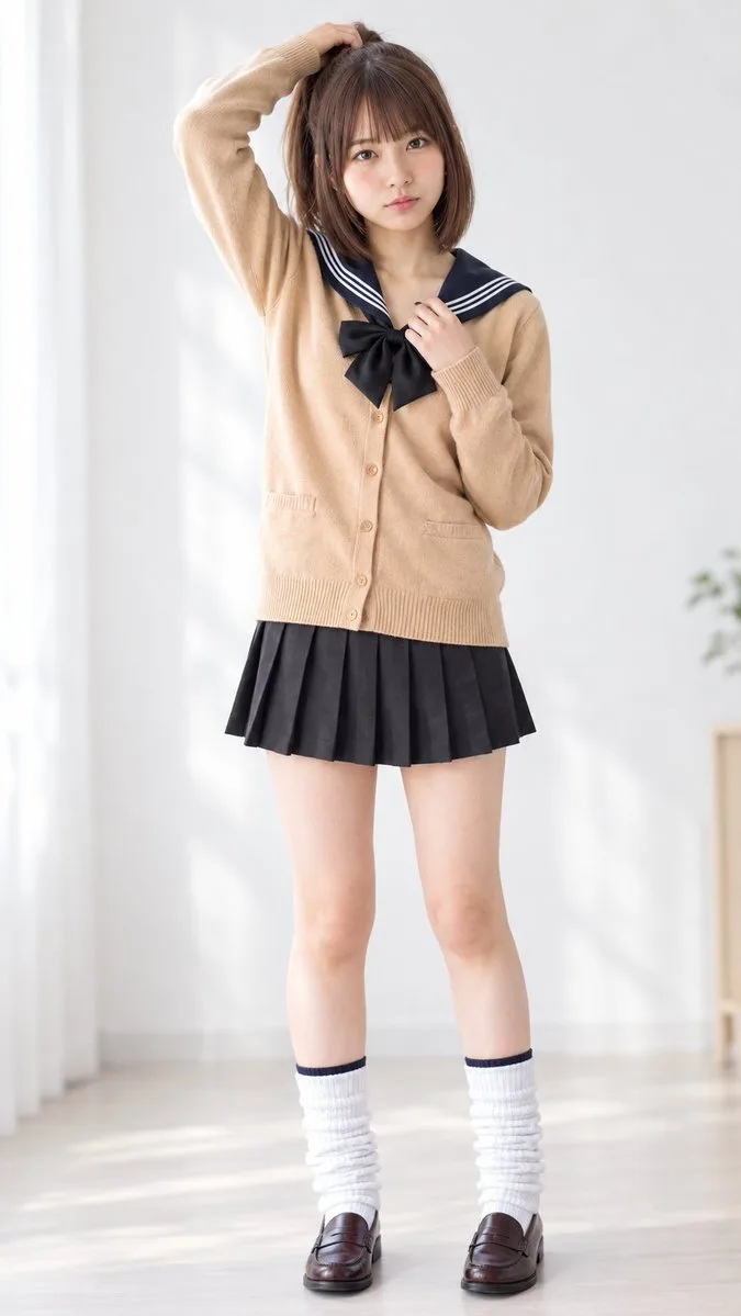 A young woman in a bright minimalist room adjusting her hair, photorealistic portrait. (4)