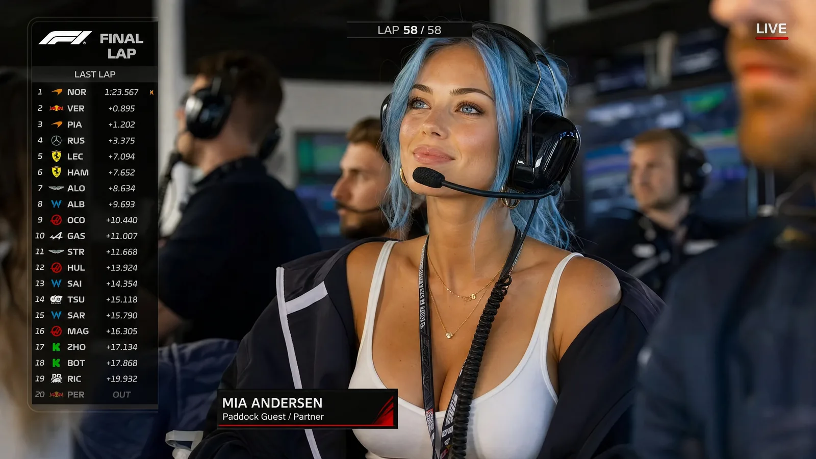 A woman with blue hair wearing a racing headset watches an F1 race in a team garage.