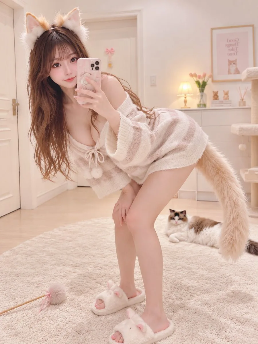 Woman wearing cat ears and a pink knit dress taking a selfie in a cat-themed room.