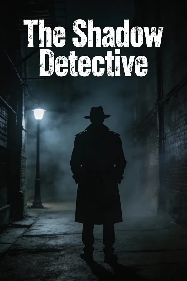 A mysterious detective silhouette in a foggy alleyway under a streetlamp for a crime novel.