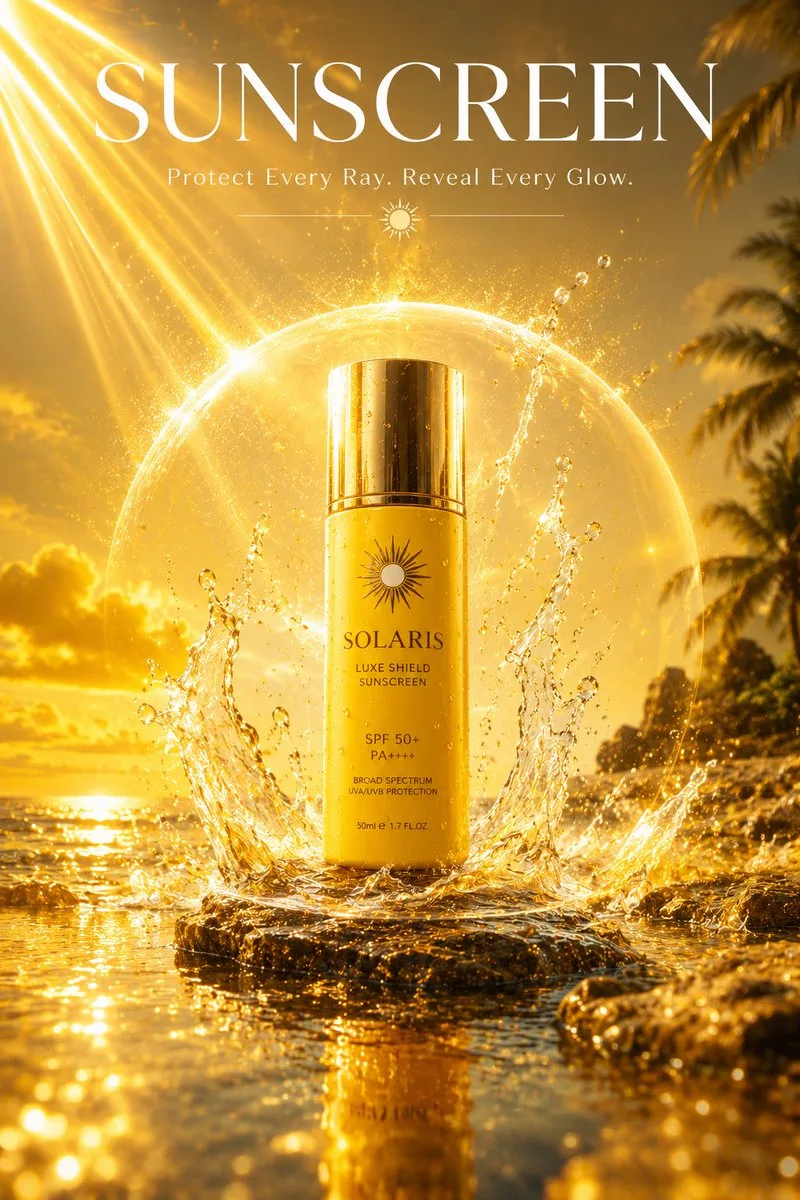 Luxury sunscreen bottle on a tropical beach with a protective light shield. (2)