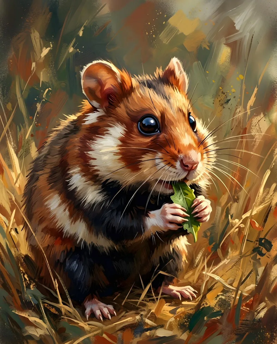 A close-up shot of a European hamster eating a green leaf in dry grass.