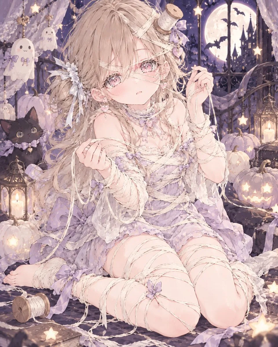 Cute anime girl wearing a creative beige thread mummy costume with a wooden spool.