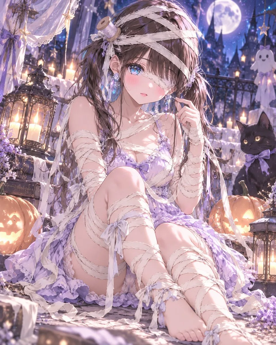 Cute anime girl wearing a creative beige thread mummy costume with a wooden spool. (2)