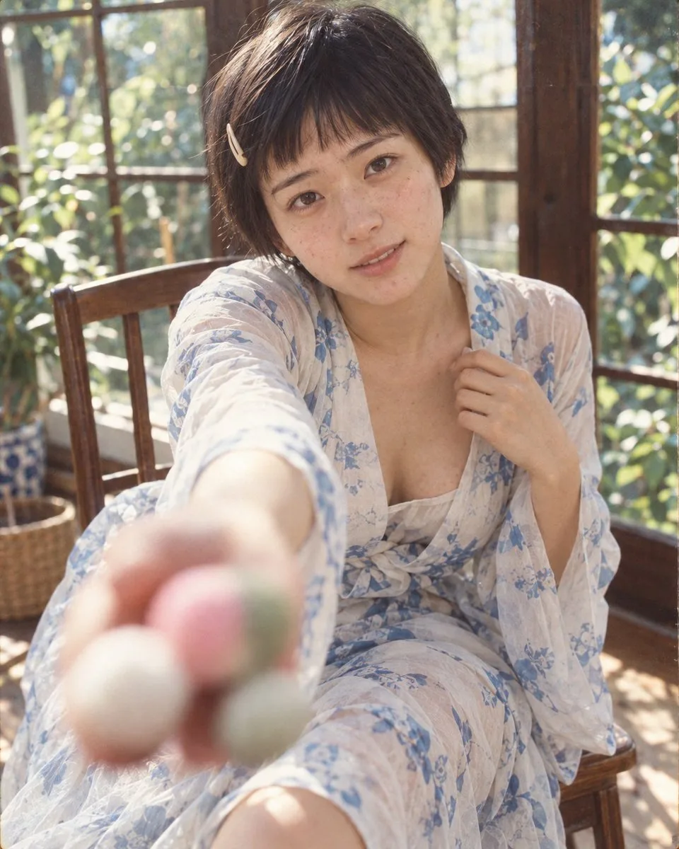 Portrait of a young Asian woman holding small colorful objects in a sunlit room