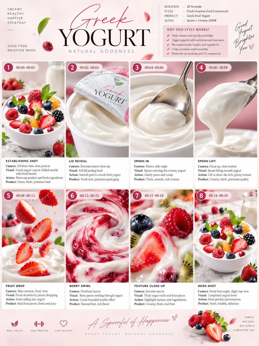 Luxury storyboard for a Greek yogurt commercial featuring cinematic product shots and berries.
