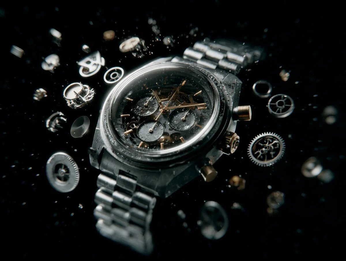 Mechanical product parts floating and reassembling in a dark void.