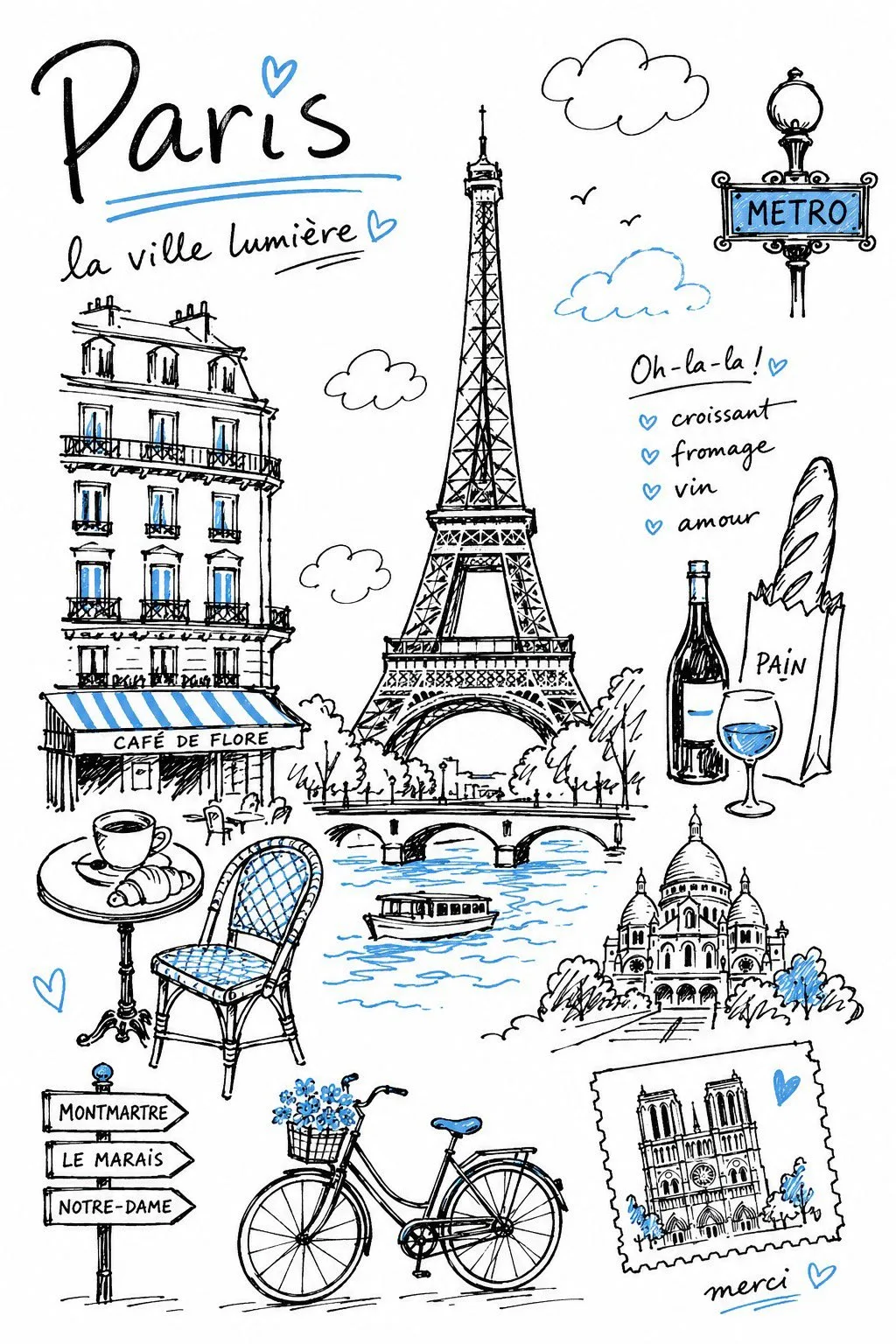 Hand-drawn black and white travel sketch with a single accent color in a notebook style.