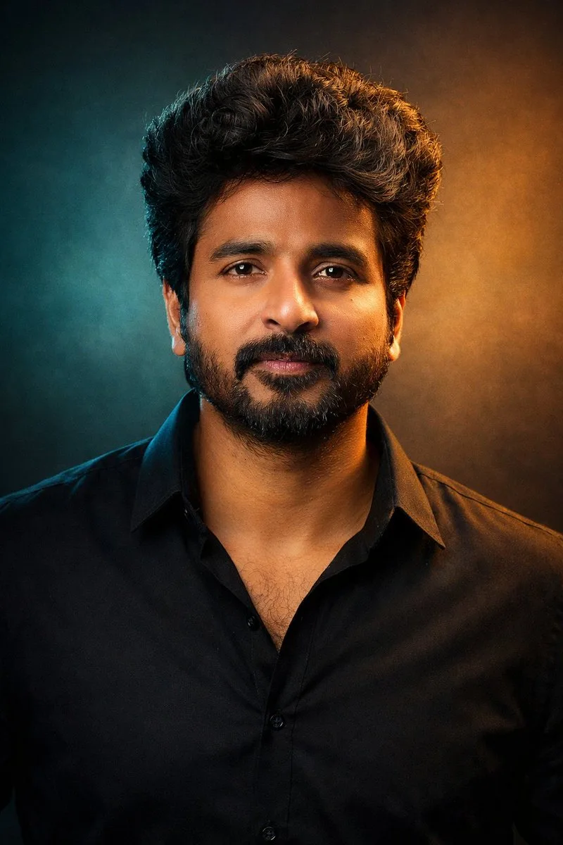 Cinematic studio portrait with teal and gold lighting
