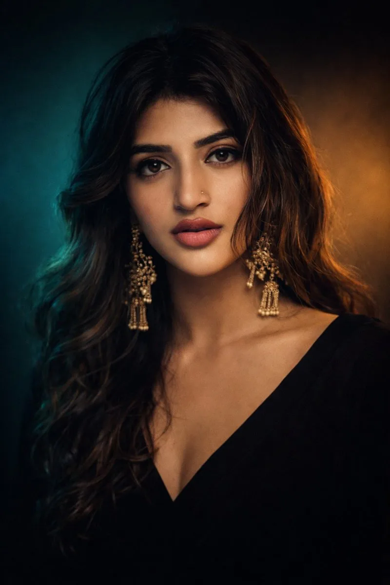 Cinematic studio portrait with teal and gold lighting (2)