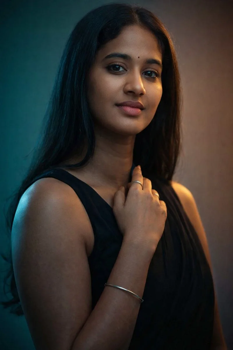 Cinematic studio portrait with teal and gold lighting (4)