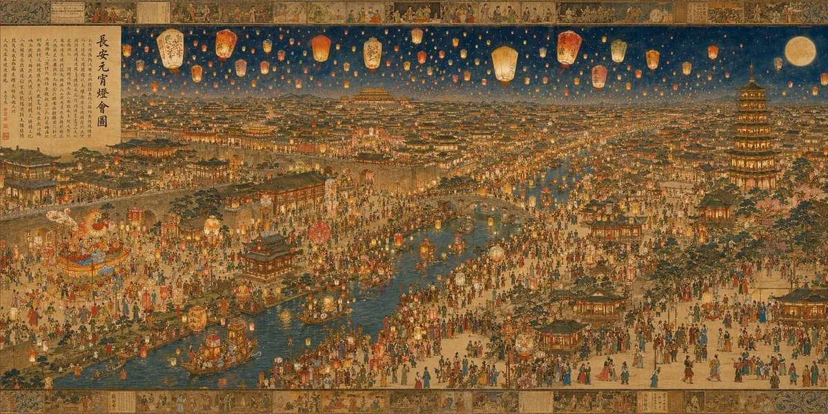Panoramic painting of the Tang Dynasty Lantern Festival with glowing lanterns in Chang'an.