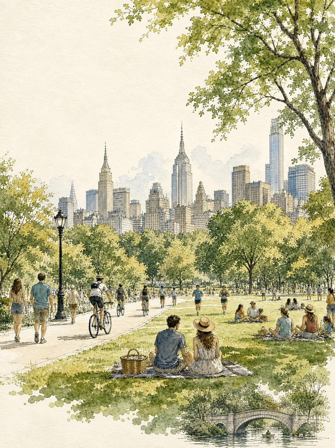 Vintage watercolor and ink illustration of a bustling Manhattan park with a city skyline.