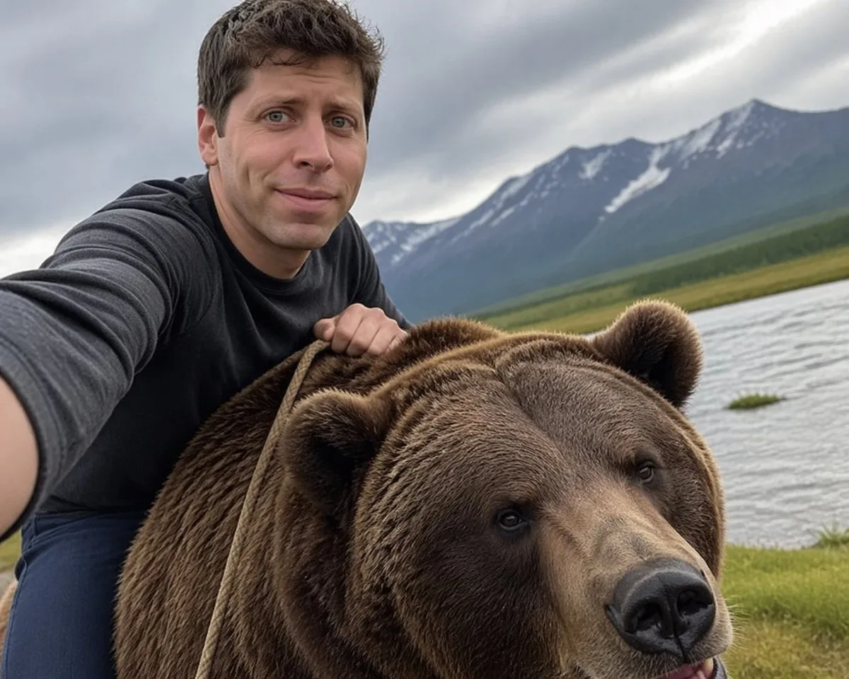 Sam Altman taking a selfie while riding a large grizzly bear on a transparent background.