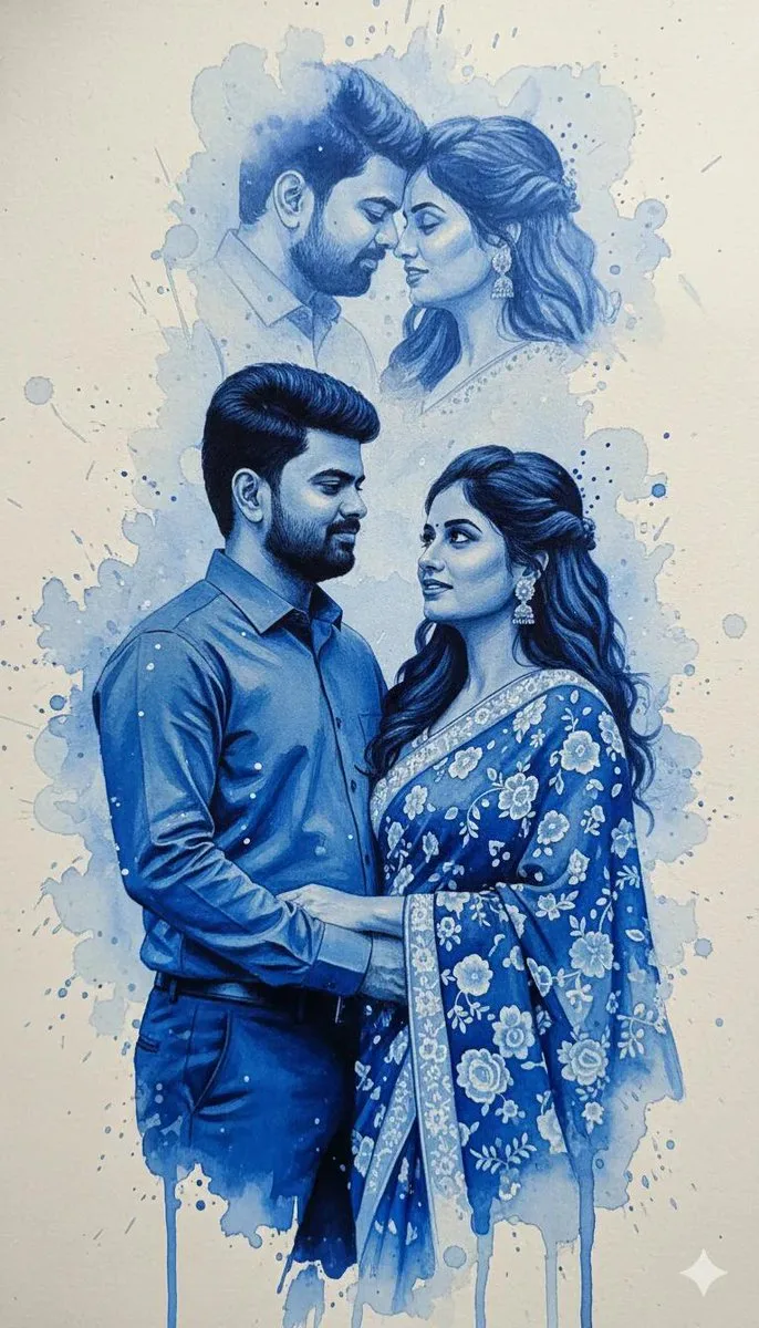 Romantic couple portrait in dramatic blue ink spill style on paper