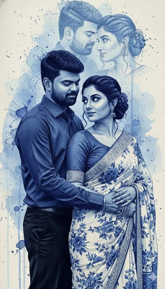 Romantic couple portrait in dramatic blue ink spill style on paper (2)
